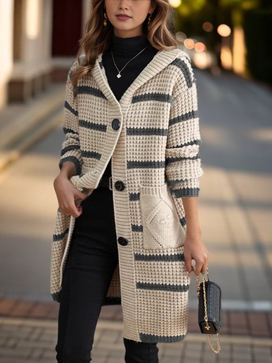 Classic Stripe Pattern Pockets Knitted Cardigan Hooded Coat