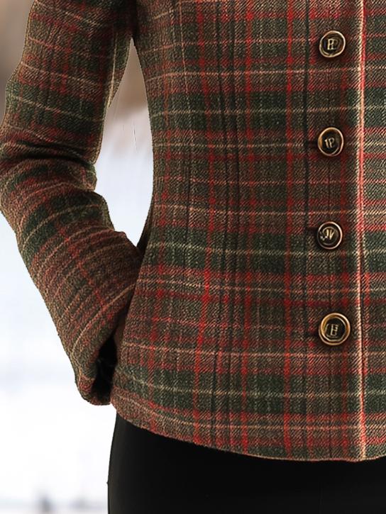 Plaid Pattern Fur Collar Tailored Fitted Woolen Jacket