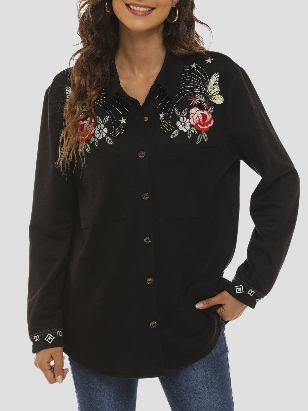 Stylish Exquisite Embroidered Floral Button Down Shirt Jacket