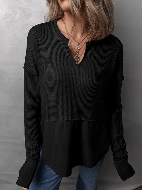 Casual V-neck Waffle Patchwork Loose-fitting Sweatshirt