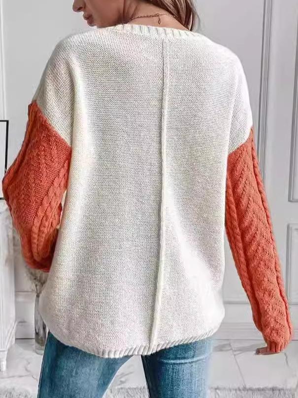 Stylish Color-Block Cable Knit Textured Pocket Sweater