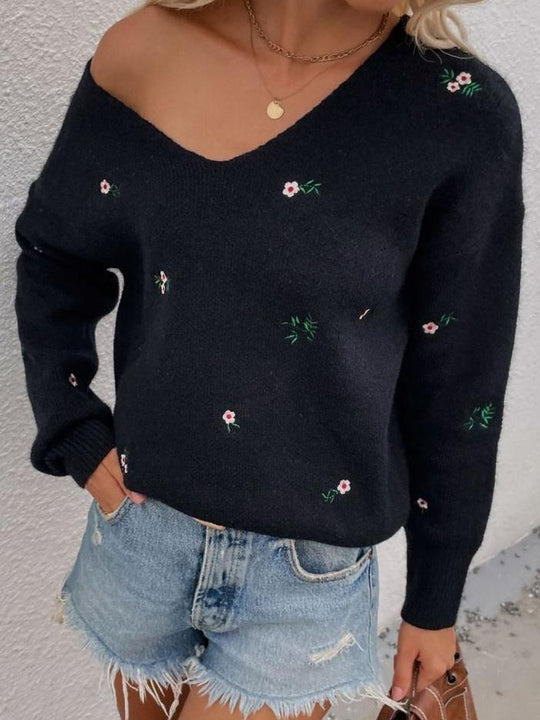 V-Neck Floral Embroidery Loose-fitting Knit Pullover Sweater