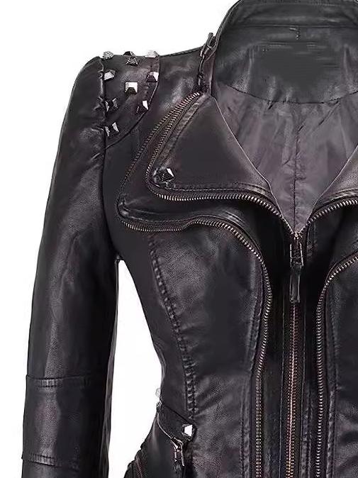 Stylish Waist-cinched Zipper Studded Leather Jacket