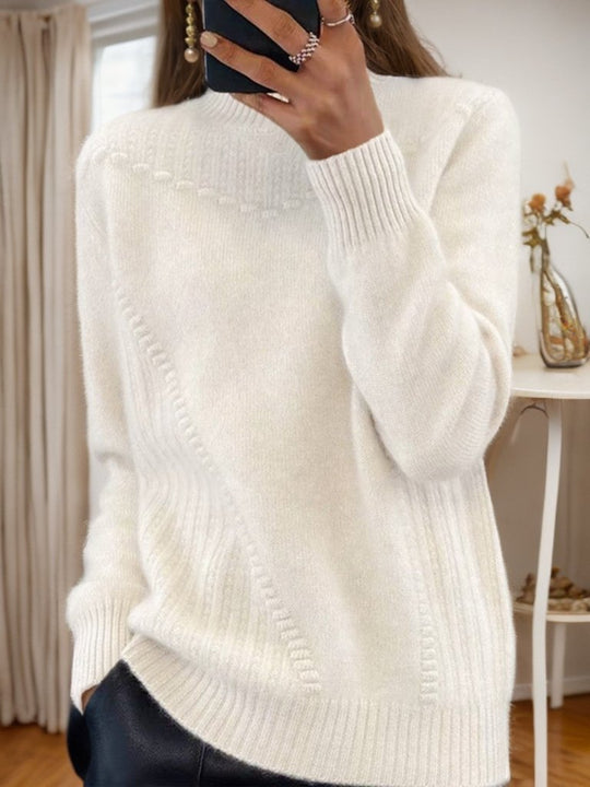 Chic Solid Color Mock Neck Jacquard Knit Pullover Sweater