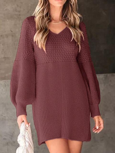 V-neck Lantern Sleeve Jacquard Knitted Sweater Dress