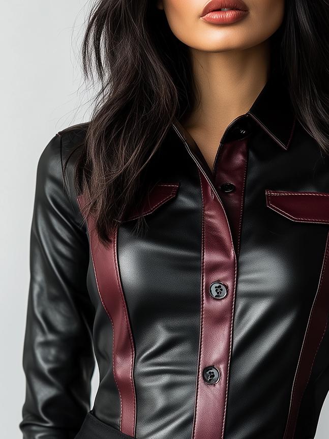 Stylish Single-breasted Color Patchwork Leather Shirt