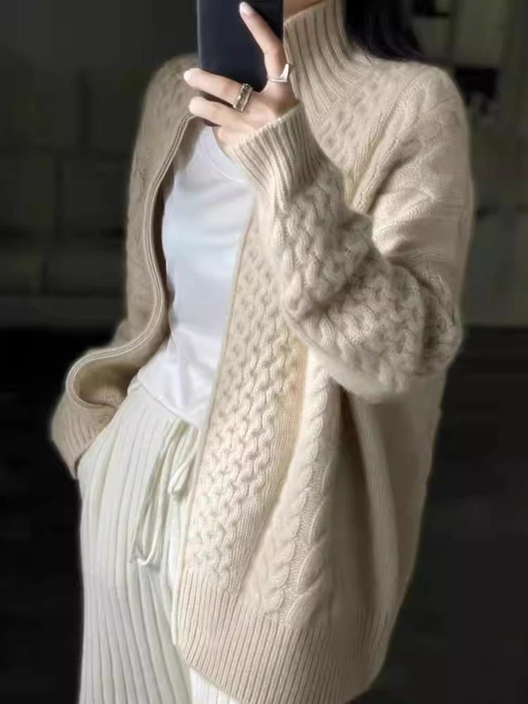 Sytlish Thick Turtleneck Zipper Cable Knit Cashmere Cardigan