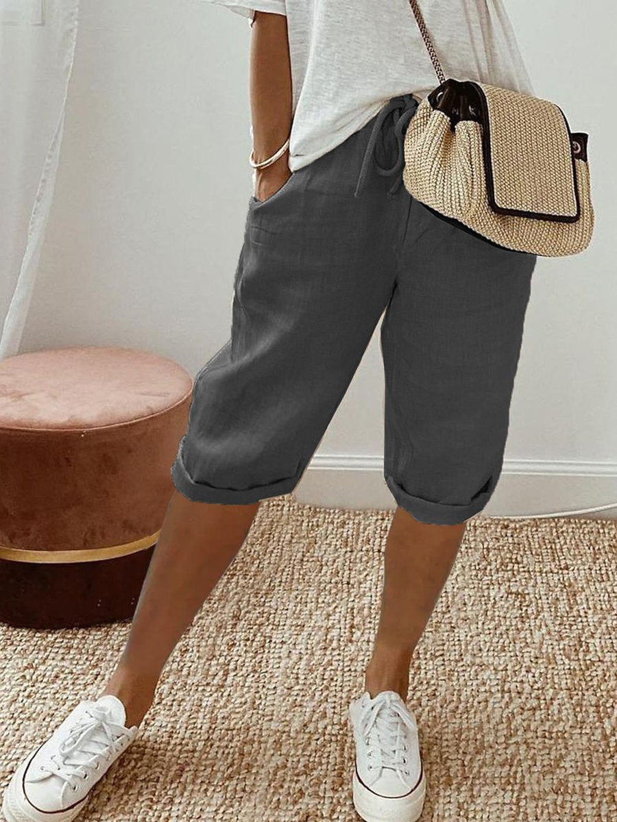 Cotton Linen Pocket Elastic Waist Casual Pants