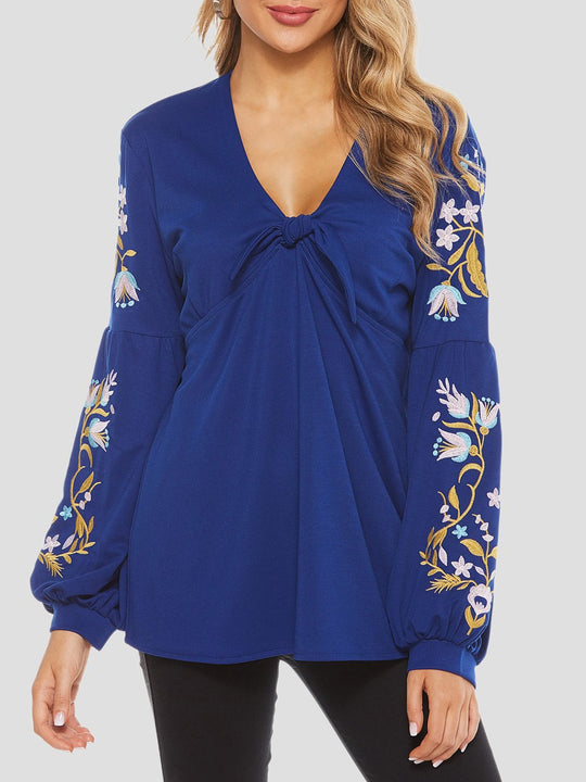 Elegant Floral Embroidered V-neck Lantern Sleeves Blouse