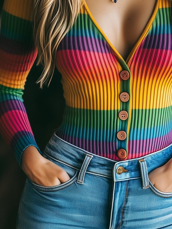 Chic Rainbow Stripe Slim Fit Long Sleeve Top