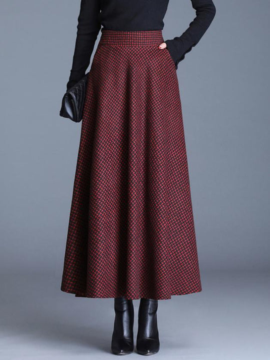 Elegant Elastic Waist Plaid Print Wool Blend Long Skirt