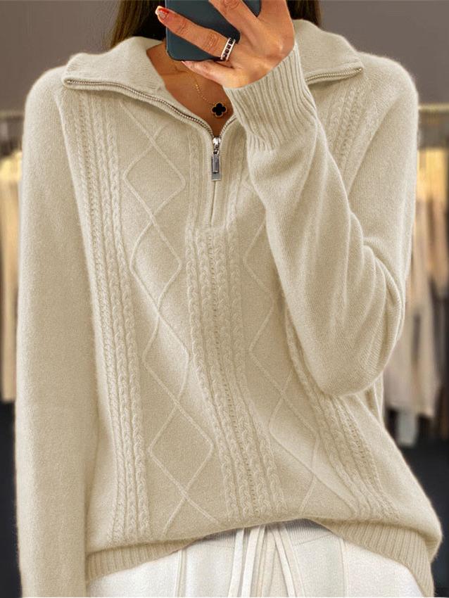 Stylish Zip-up Half-placket Jacquard Knit Sweater