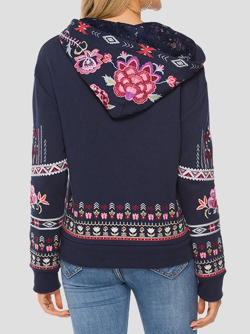 Stylish Floral Embroidered Hooded Sweatshirt Jacket