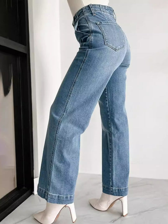 Stylish High-Waist Multi-Pocket Straight-Leg Jeans