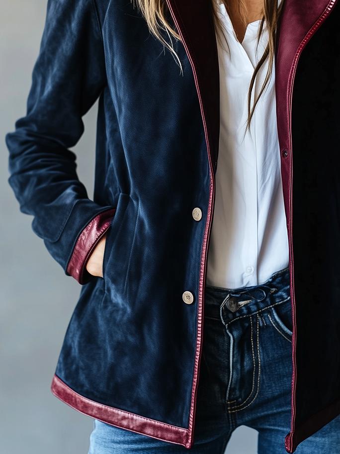 Women's Casual Lapel Leather Trim Suede Long Jacket