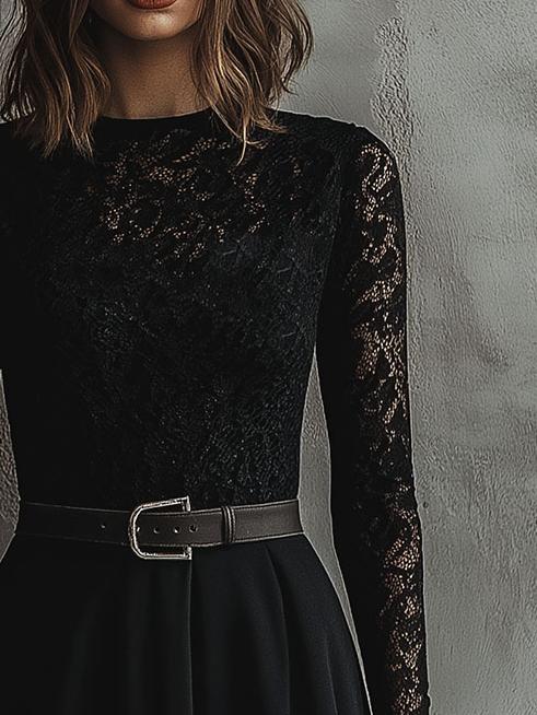 Round-neck Lace Patchwork Daily and Party A-line Black Dress