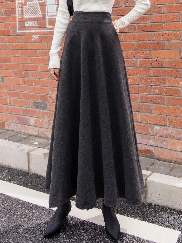 Elegant Elastic Waist Solid Color Wool Blend Long Skirt