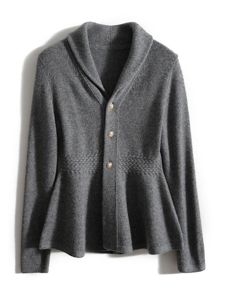 Shawl Collar Jacquard Waist-cinched Ruffled Hem Knitted Jacket