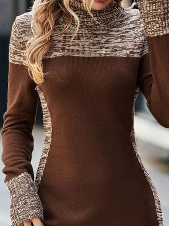 Stylish Turtleneck Color Patchwork Knited Bodycon Dress