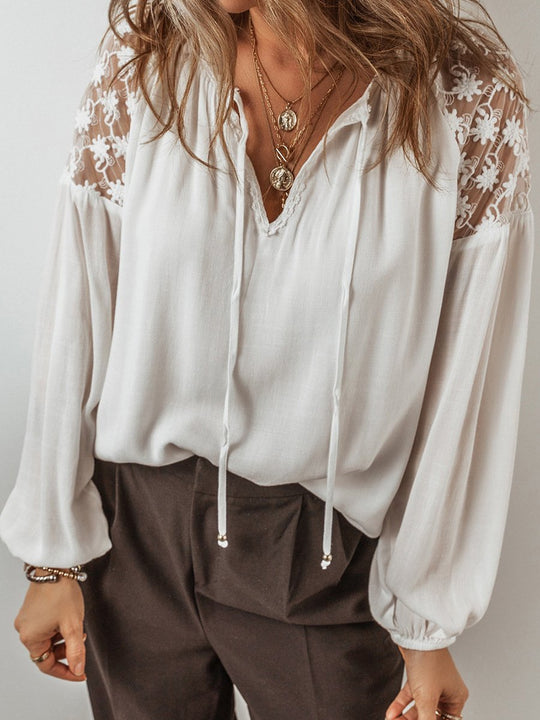 Elegant Sheer Lace Patchwork Loose Chiffon Blouse