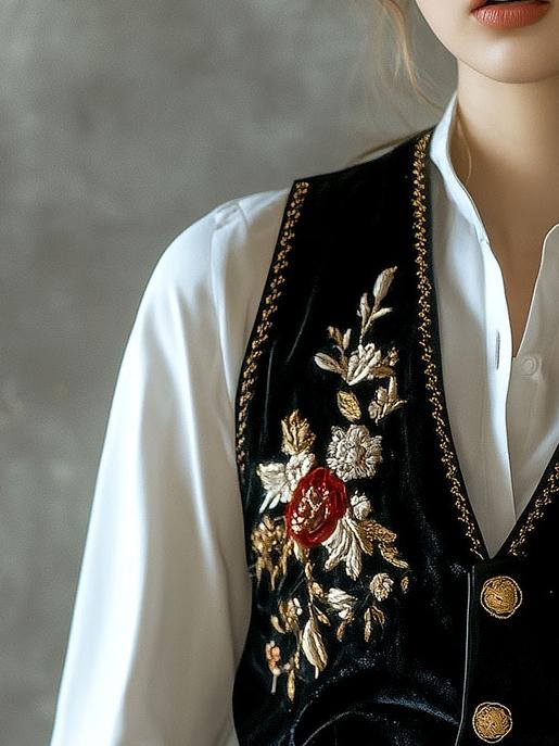 Retro V-neck Embroidery Button Down Velvet Vest