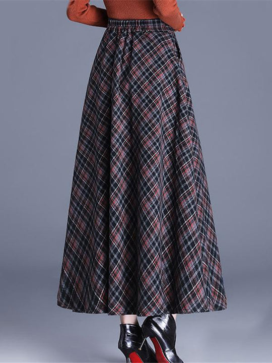 Elegant Elastic Waist Color-block Grid Wool Blend Long Skirt