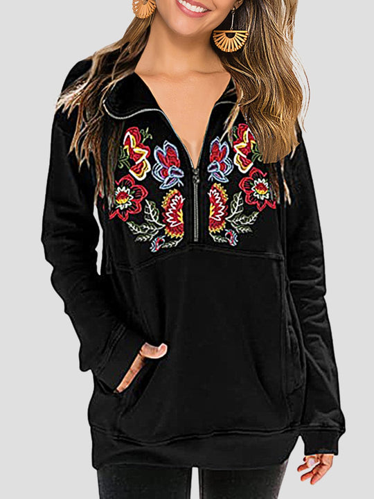 Chic Embroidered Zipper Half-placket Loose-fitting Sweatshirt