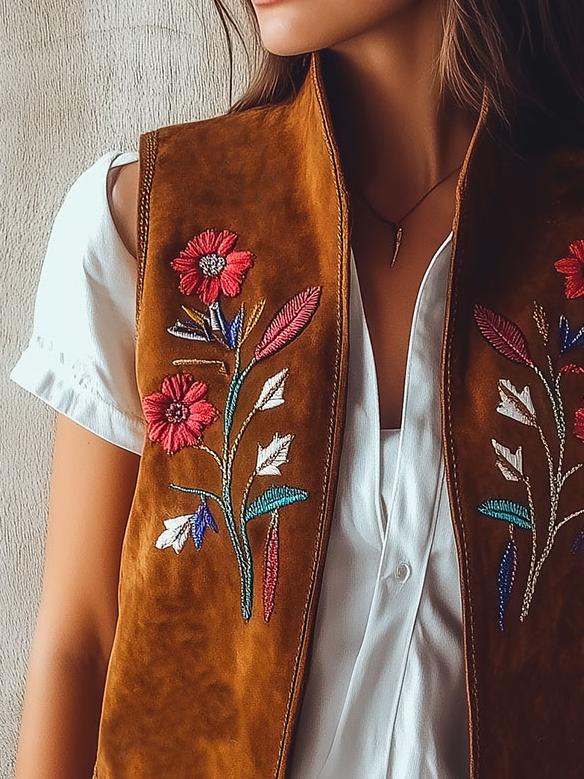 Vintage Stand Collar Flower Embroidery Suede Waistcoat