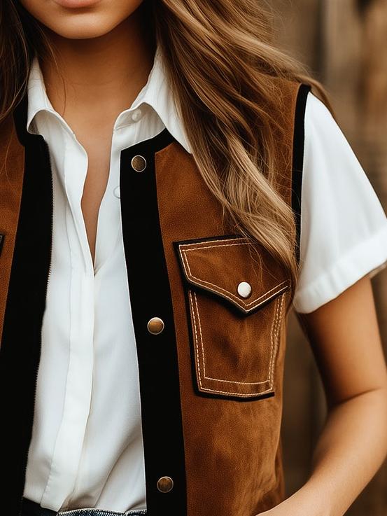 Stylish Color-blocking Button Down Suede Waistcoat