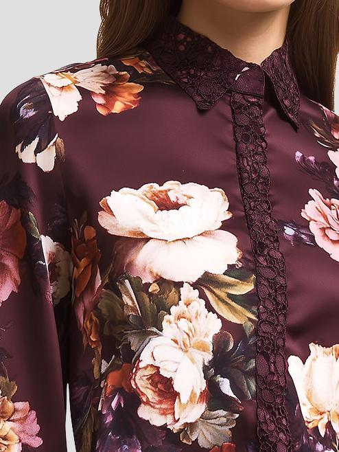 Retro Floral Pattern Lace Trim Hidden Button Satin Shirt