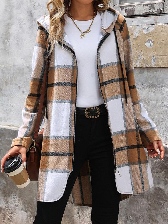 Retro Classic Plaid Pattern Mid-length Hooded Coat