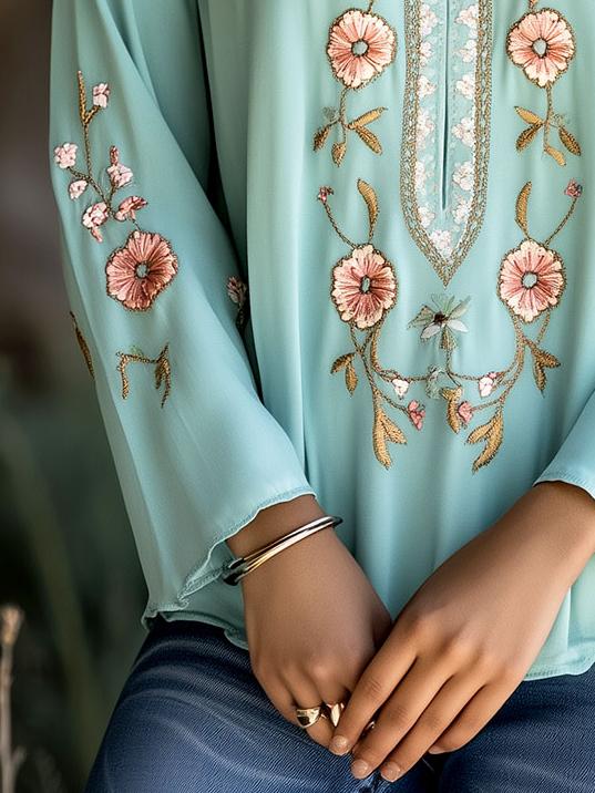 Boho V-neck Flower Embroidery Loose Blouse