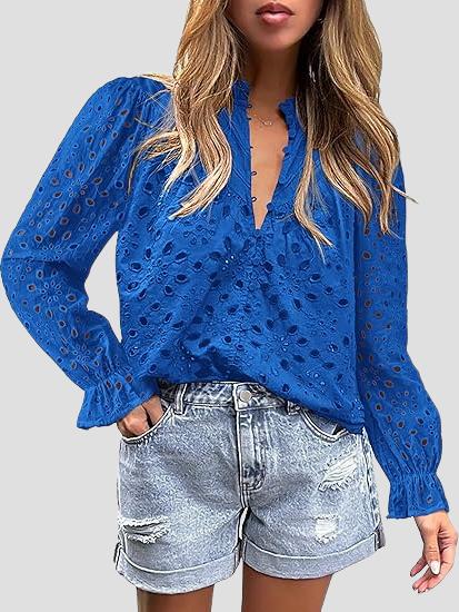 Elegant Half-open Hollow-out Lace Puff Sleeves Blouse