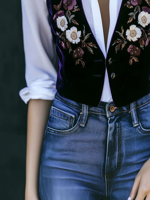 Retro V-neck Button Down Floral Embroidery Suede Vest