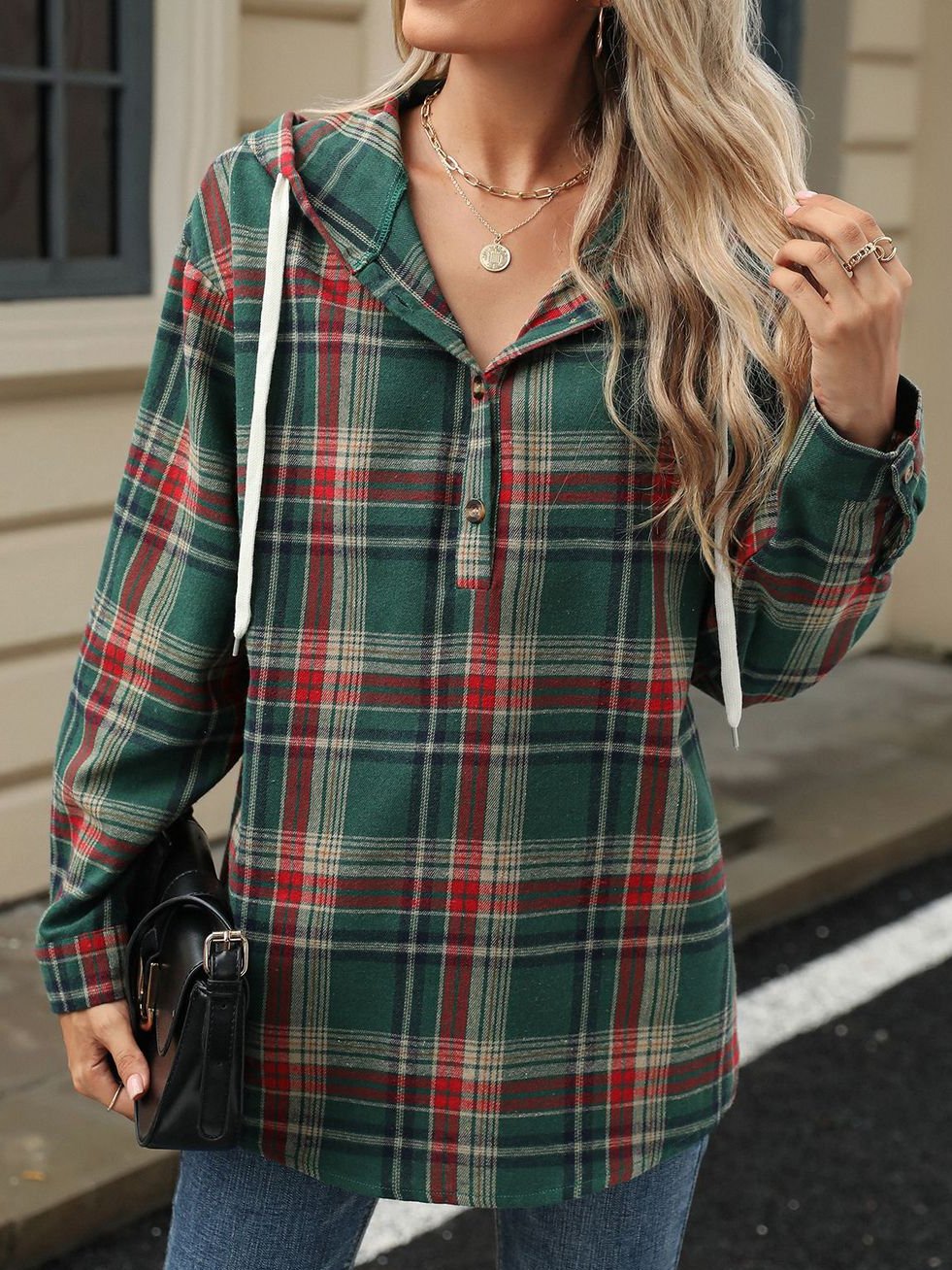 Retro Loose Fit Long Sleeve Button Plaid Hoodie