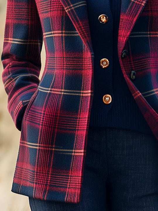 Retro Suit Collar Plaid Pattern Woolen Jacket