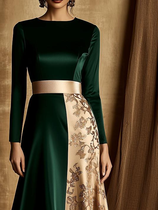 Elegant Color Patchwork Asymmetrical Hem Satin Dress