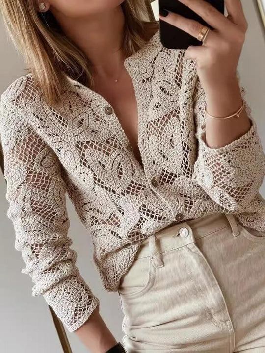 Elegant Hollow-out Button Down Crochet Blouse