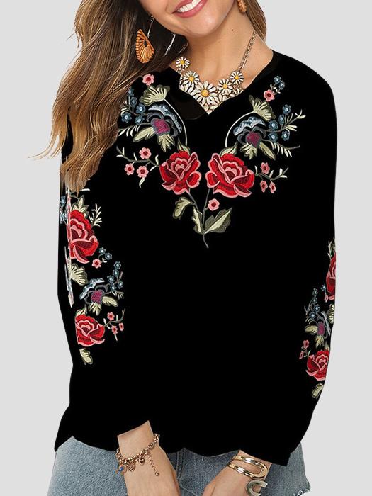 Retro V-neck Flower Embroidery Loose Blouse