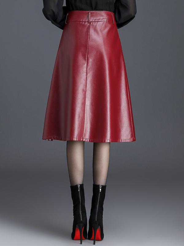 Chic High-waisted Mid-length A-line Leather Umbrella Skirt