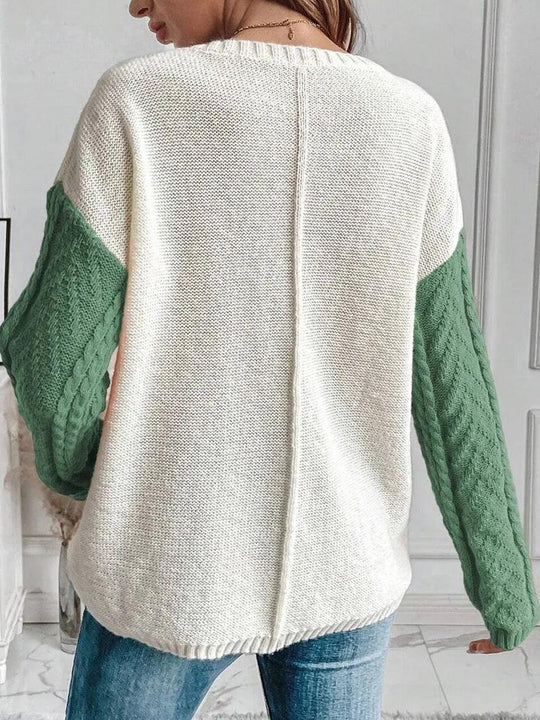 Stylish Color-Block Cable Knit Textured Pocket Sweater