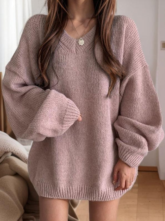 Solid Color V-Neck Loose-fitting Pullover Knit Sweater