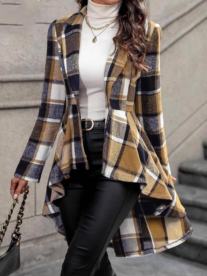 Stylish Plaid Pattern Short-Front Long-Back Woolen Jacket