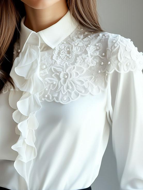 Lace Floral Lace Patchwork Pearl Chiffon Shirt