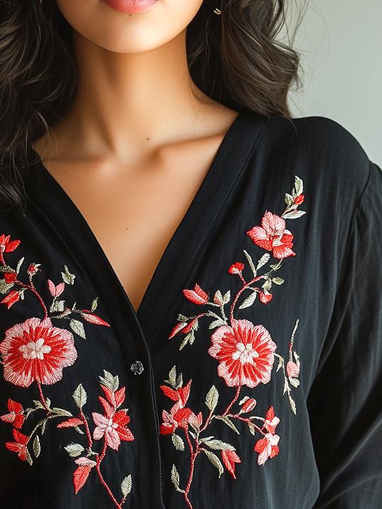 Chic Bohemia Handmade Flower Embroidery Shirt