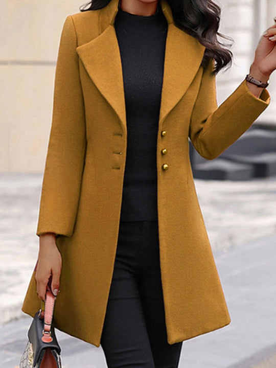 Ladies Lapel Solid Color Slim Fit Wool Coat