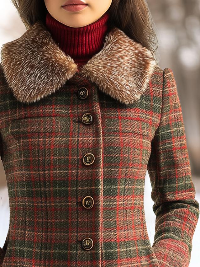 Plaid Pattern Fur Collar Tailored Fitted Woolen Jacket