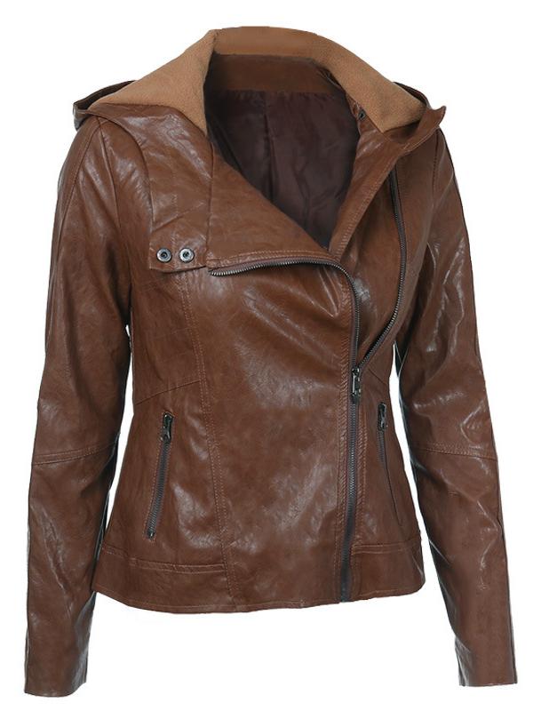 Chic Zipper-up Hooded PU Leather Jacket