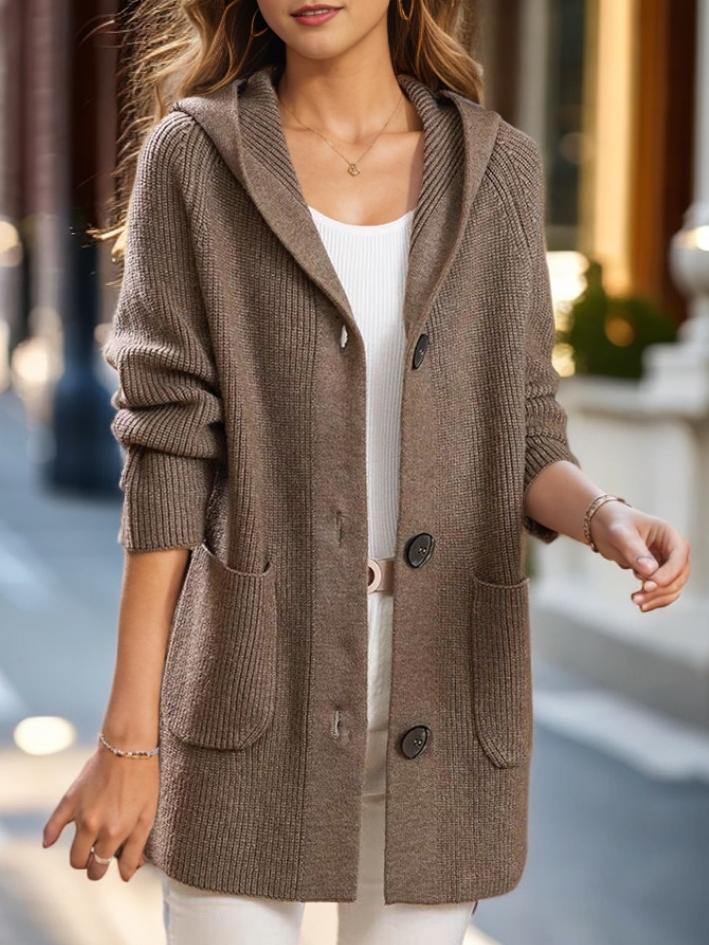 Solid Color Thick Knitted Mid-length Hooded Cardigan Coat