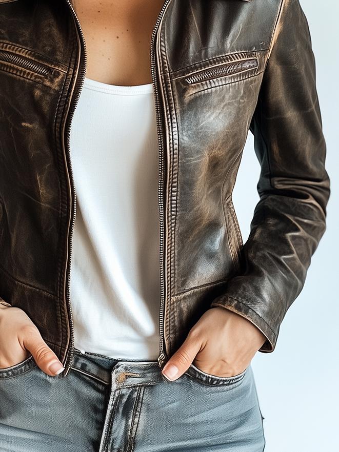 Retro Lapel Multiple-pocket Zipper Leather Biker Jacket